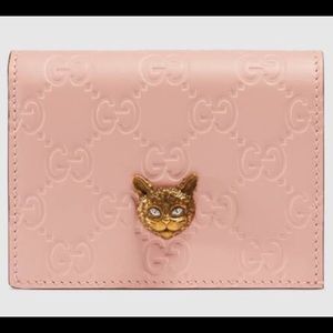 Gucci Signature Card Case Wallet with Cat - Pink
